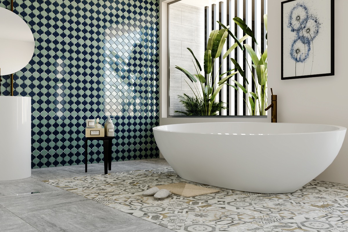 Phòng tắm với gạch mosaic vuông kích thước nhỏ